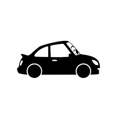 A simple black silhouette illustration of a cute smiling cartoon car with expressive eyes.