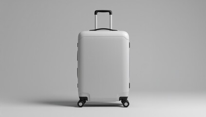 Blank white hard shell suitcase with wheels on grey studio background