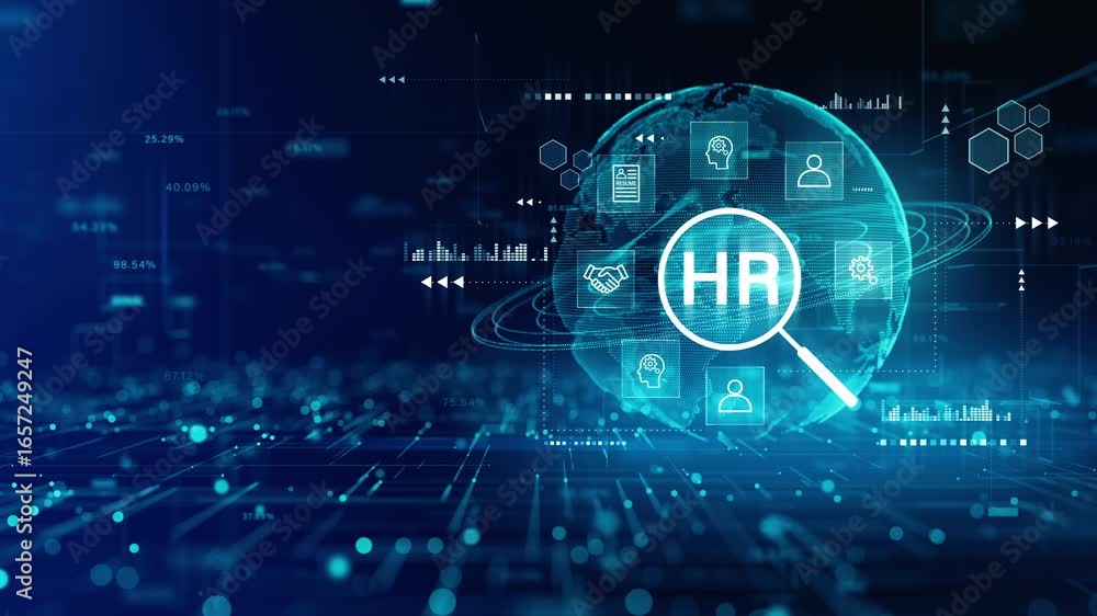 Poster digital human resources concept with global network and hr interface for employee management and rec