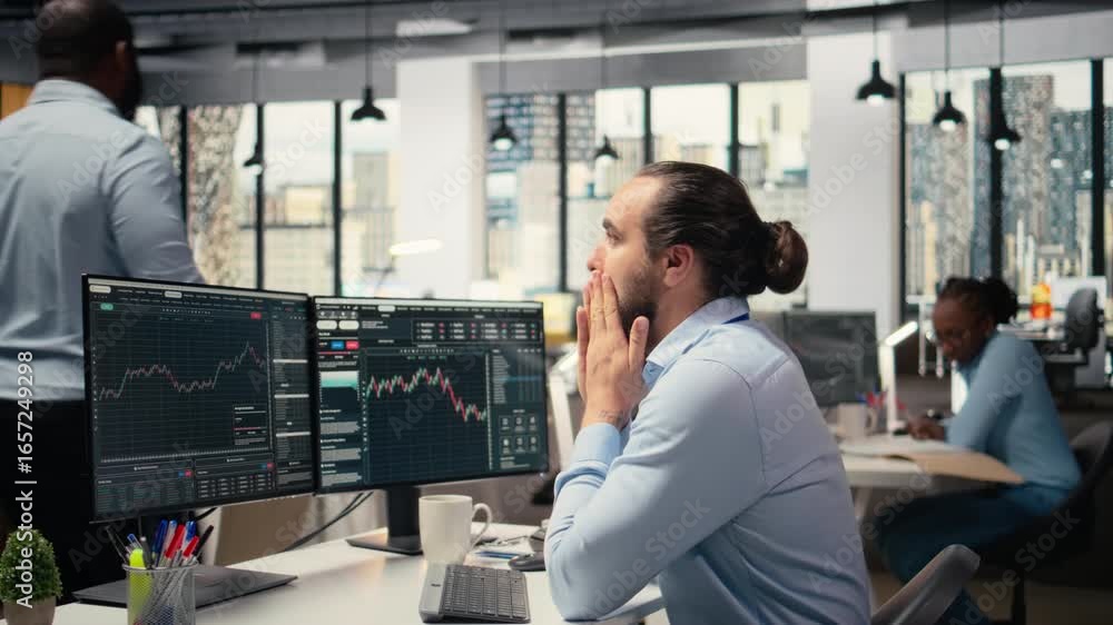 Poster trader in office expresses concern as investment portfolio value declines after unexpected market ev