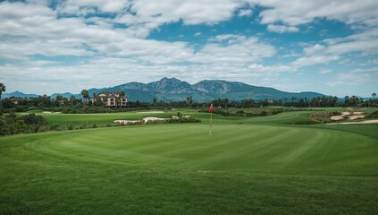 Obraz premium Green golf course with flagstick palm trees mountains and cloudy sky