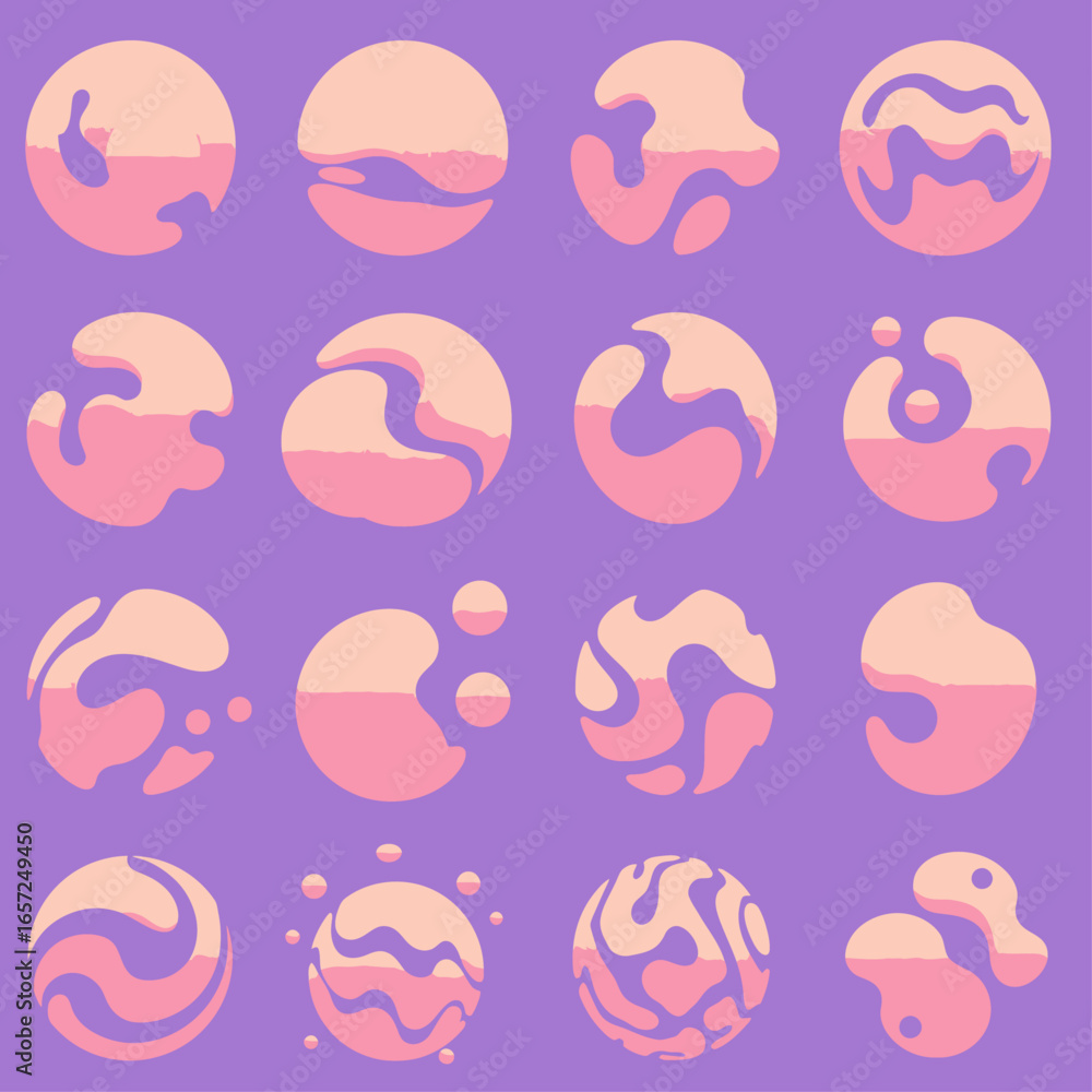 Poster a collection of abstract circular icons with pink and peach fluid patterns on a purple background.