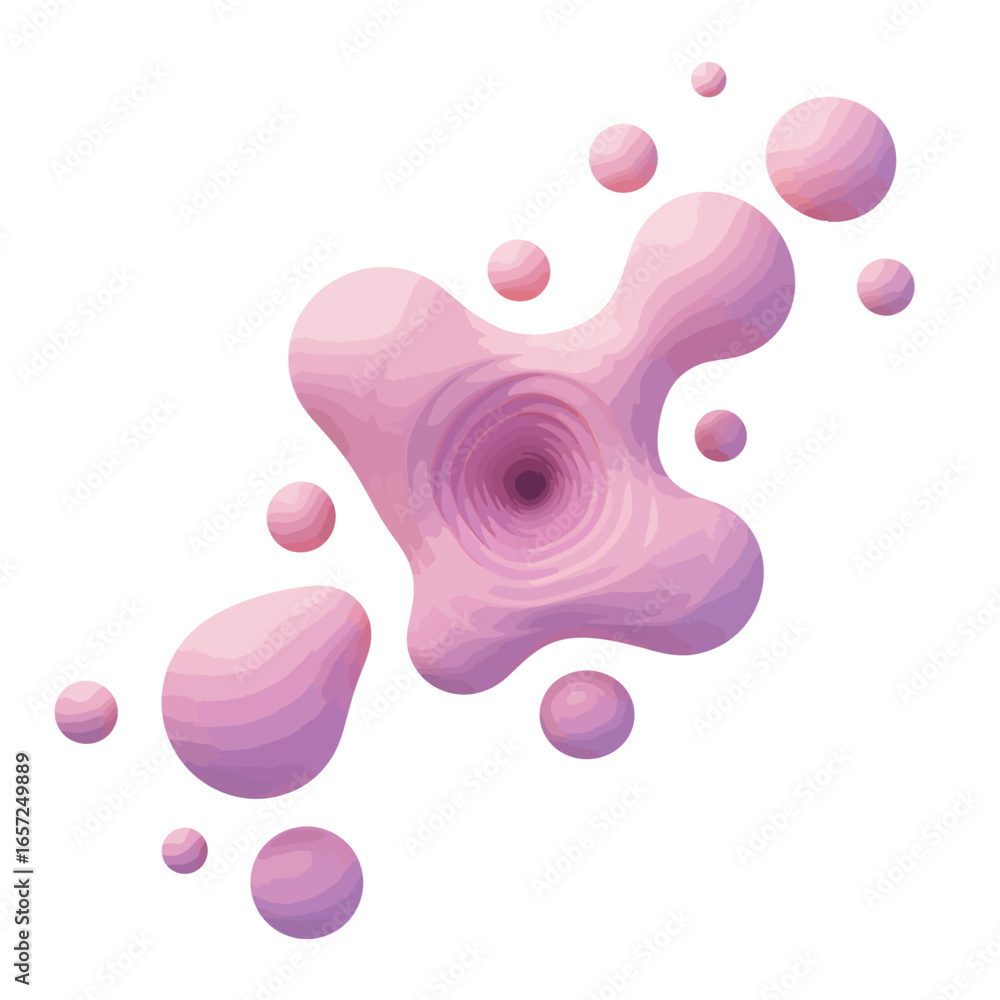Poster a dynamic 3d rendering of abstract pink liquid blobs with a layered, wood-like texture, floating aga