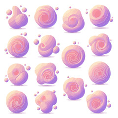 A collection of abstract 3D organic shapes in pastel pink and purple hues with swirling textures on a white background.