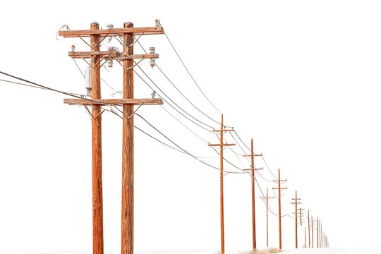 Perspective view of overhead power lines with utility poles and cables on white - Powered by Adobe