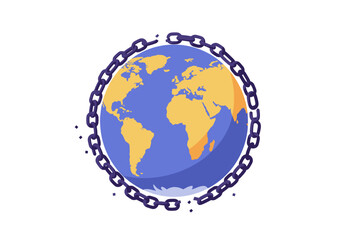 Global Interconnection Vector Graphic of Earth Surrounded by a Symbolic Chain, Illustrating Global Unity and Challenges