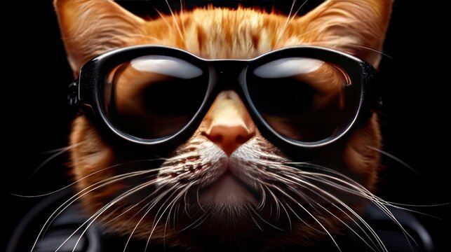 Cool cat with shades, close-up, black background