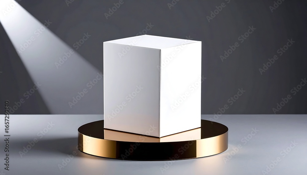 Aufkleber white cube resting on golden platform under spotlight against gray backdrop creating minimalist and 