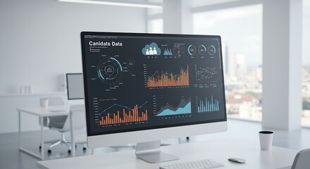 Computer screen displaying complex data analytics charts and graphs in a modern office setting