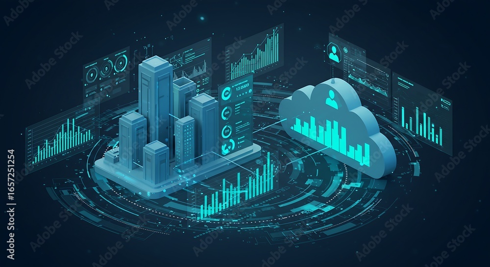 Poster digital city skyline and cloud data analytics with charts and graphs representing smart city growth