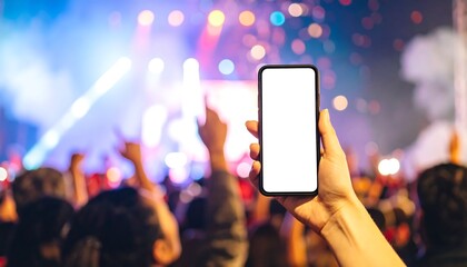 Hand holding smartphone with blank screen at live music concert with crowd cheering and lights flashing, capturing the excitement and energy of the event.