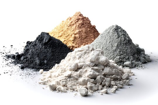 Pile of Bentonite, White Clay, Black Mud, and Multani Mitti Powder on White Backdrop