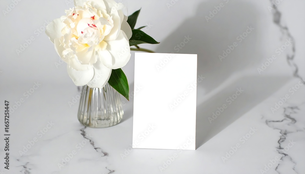 Poster blank white card stands upright next to a vase with a white peony on a marble surface, creating a cl