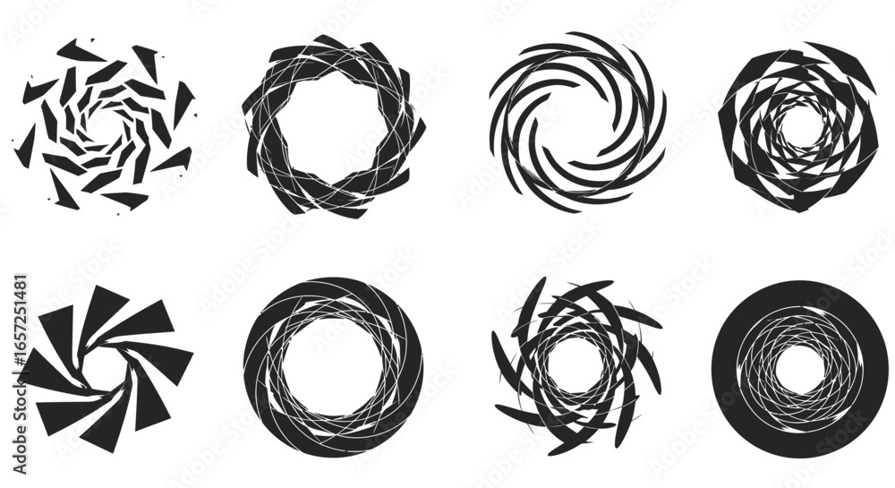 Poster set of eight abstract circular shapes with rotational and spiral patterns, isolated on a white backg
