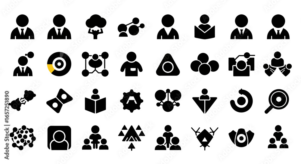 Poster a diverse set of black glyph icons representing business concepts like teamwork, hierarchy, and netw