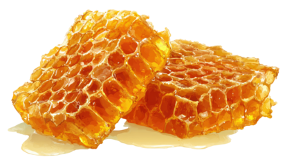 Honeycomb slices, golden-orange color, dripping with honey