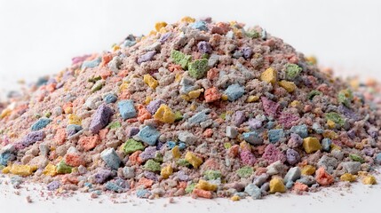Obraz premium Pile of Colorful Cereal Dust and Pieces on a White Background CloseUp