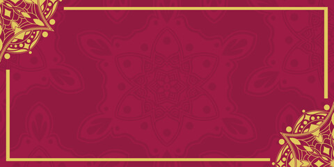 An elegant Islamic background with a maroon and gold ornamental pattern. The design features decorative mandala-style ornaments in the corners with a golden rectangular frame, perfect for Islamic gree