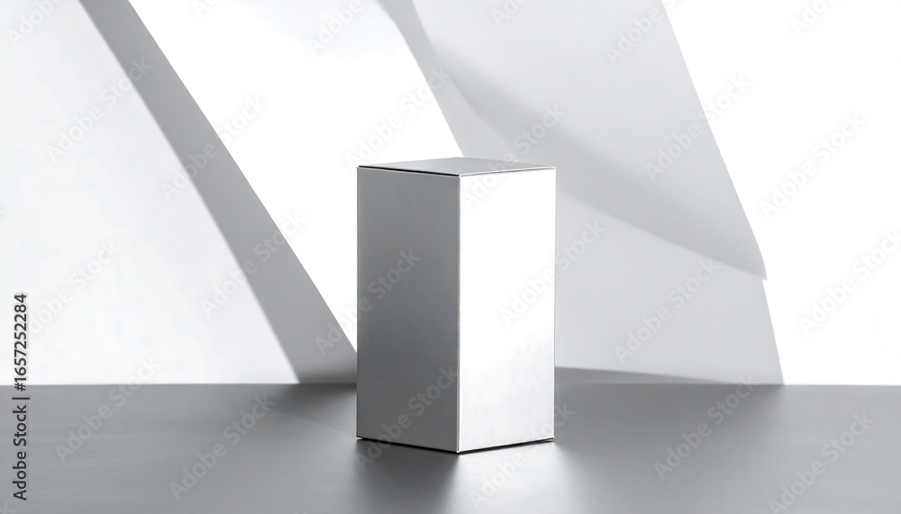 Aufkleber white box stands on dark surface against geometric wall casting shadows, creating minimalist and mod