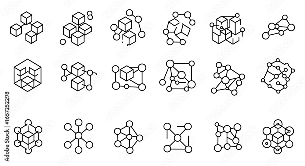 Poster a collection of black line art icons depicting abstract networks, data structures, and blockchain te