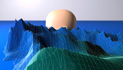 Abstract polygonal landscape with a light-peach sphere.