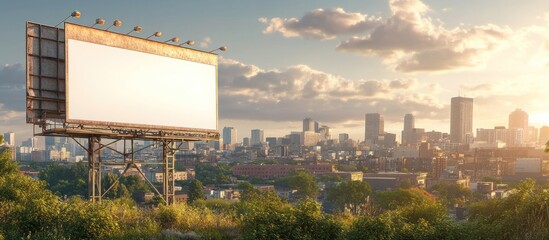 Empty billboard overlooking city skyline at sunset