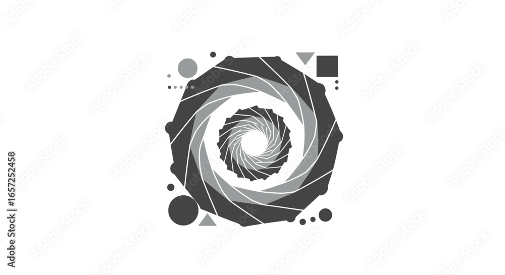 Poster abstract monochromatic graphic of a stylized camera shutter surrounded by various geometric shapes l