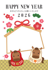 2026年午年の干支だるまと絵馬のフォトフレーム年賀状/縦02