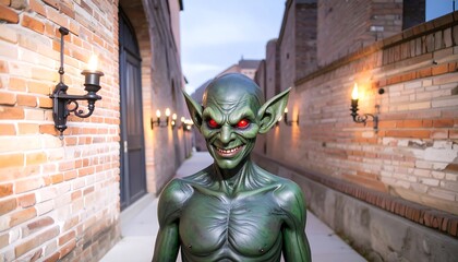 A sinister, green creature stands amidst aged brick walls, illuminated by flickering candlelight fixtures.
