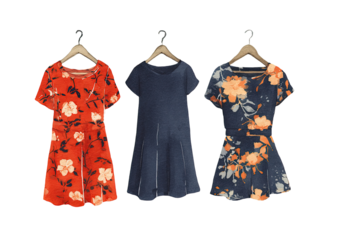 Three women's dresses on hangers, showcasing floral and solid color options