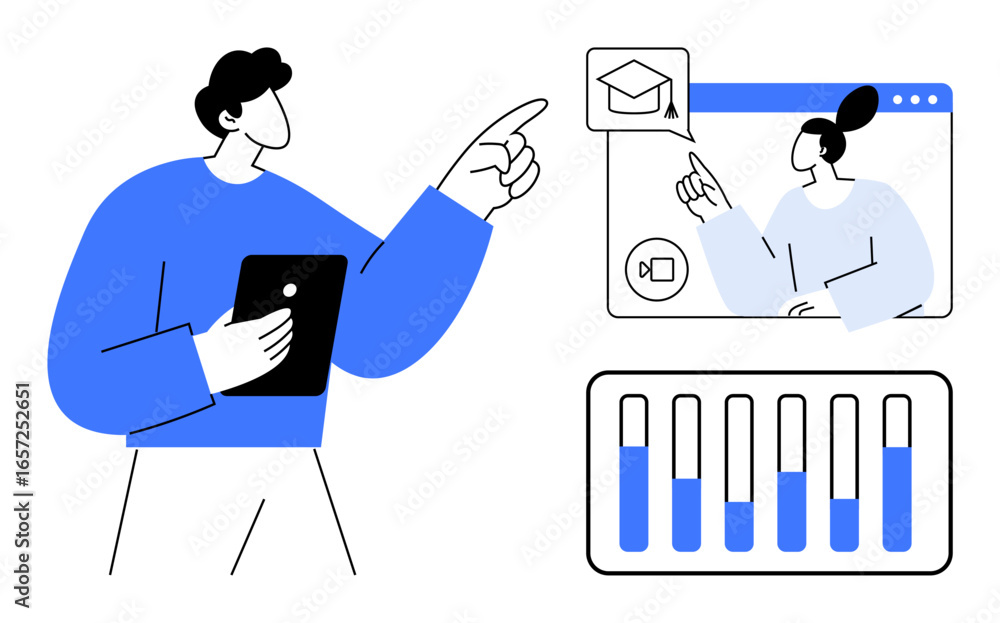 Aufkleber person holding tablet pointing at video call interface. includes analytics bar graph and graduation 