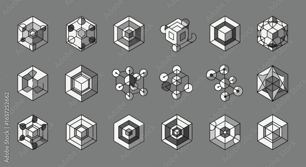 Poster a collection of eighteen abstract geometric icons in a monochrome, isometric style, each contained w