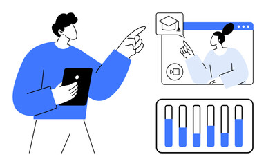 Person holding tablet pointing at video call interface. Includes analytics bar graph and graduation cap icon. Ideal for education, remote work, technology, communication, training, analytics, simple