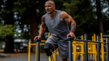 Person with prosthetic leg exercising at outdoor fitness station, park exercise equipment