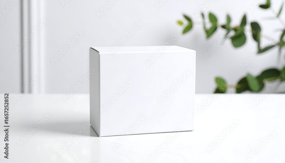Poster white box sits on a marble surface with eucalyptus leaves in the background, creating a clean and mi