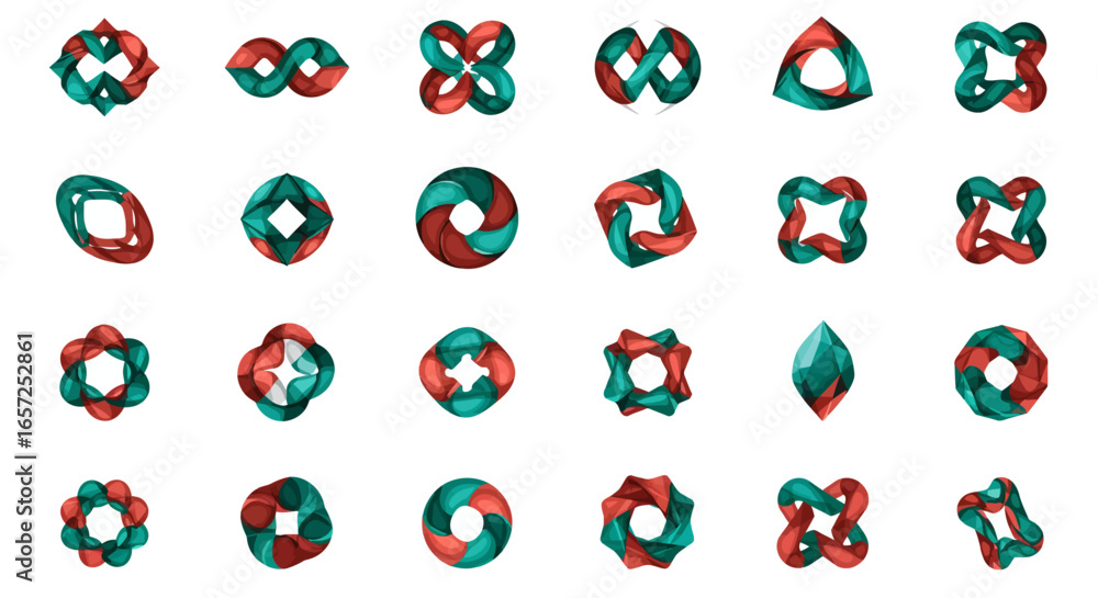 Poster a collection of twenty-four abstract 3d geometric shapes in a teal and red color palette.