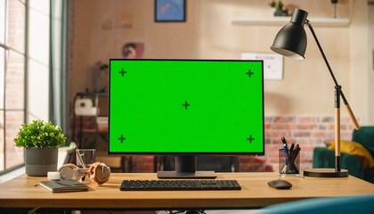 Contemporary home office setup with a personal computer featuring a green screen display on a wooden desk.