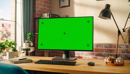 Modern home office desk setup with a green screen computer monitor for creative work or remote business.