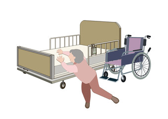 車椅子から転倒した老人がベットにつかまっているカラーイラスト