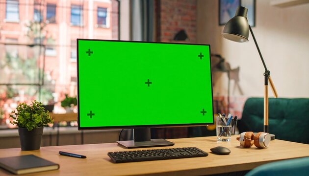 Modern Home Office with Green Screen Monitor Work, Creativity, and Technology