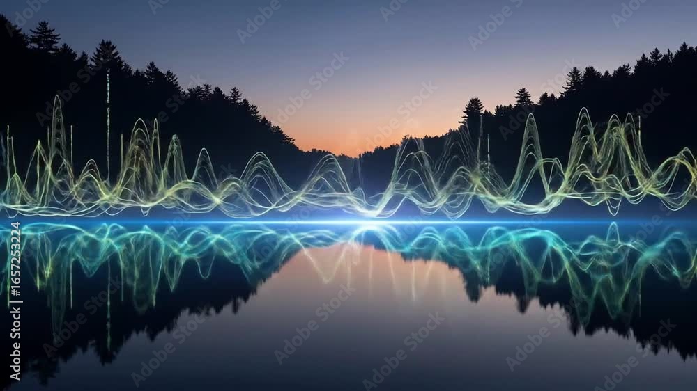 Poster digital sound wave visualization over tranquil lake at sunset with colorful audio lines reflecting o