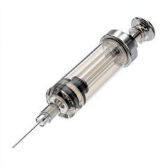 Clear glass medical syringe with metallic and rubber components isolated on white background for healthcare, vaccination, injection, medication, medicine, drug administration, clinical equipment