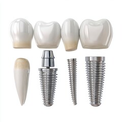 Dental implants and teeth prosthetics with porcelain crowns and stainless steel screws for restorative dental procedures and oral health treatments