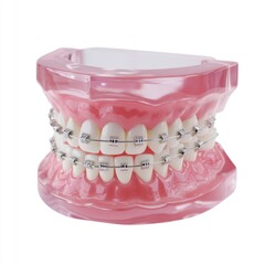 Dental orthodontic model featuring adult teeth with braces on a transparent pink gums display isolated on white background