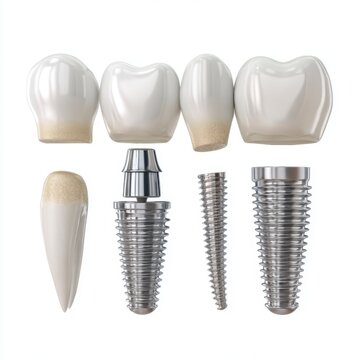 Dental implants and teeth prosthetics with porcelain crowns and stainless steel screws for restorative dental procedures and oral health treatments