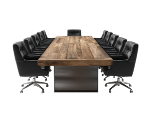 Long wooden conference table with black chairs