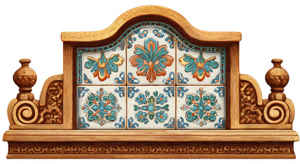 Ornate wooden headboard with decorative tile panels