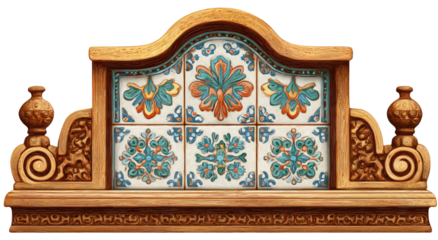 Ornate wooden headboard with decorative tile panels
