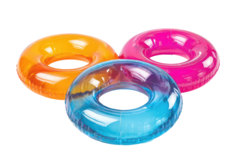 Three colorful inflatable pool rings,  stacked in a  triangular formation.  Vibrant  orange,  pink,  and  blue