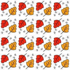 Seamless pattern of red and orange autumn leaves. Cute flat cartoon style design, perfect for wallpaper, fabric, wrapping, or decorative surface